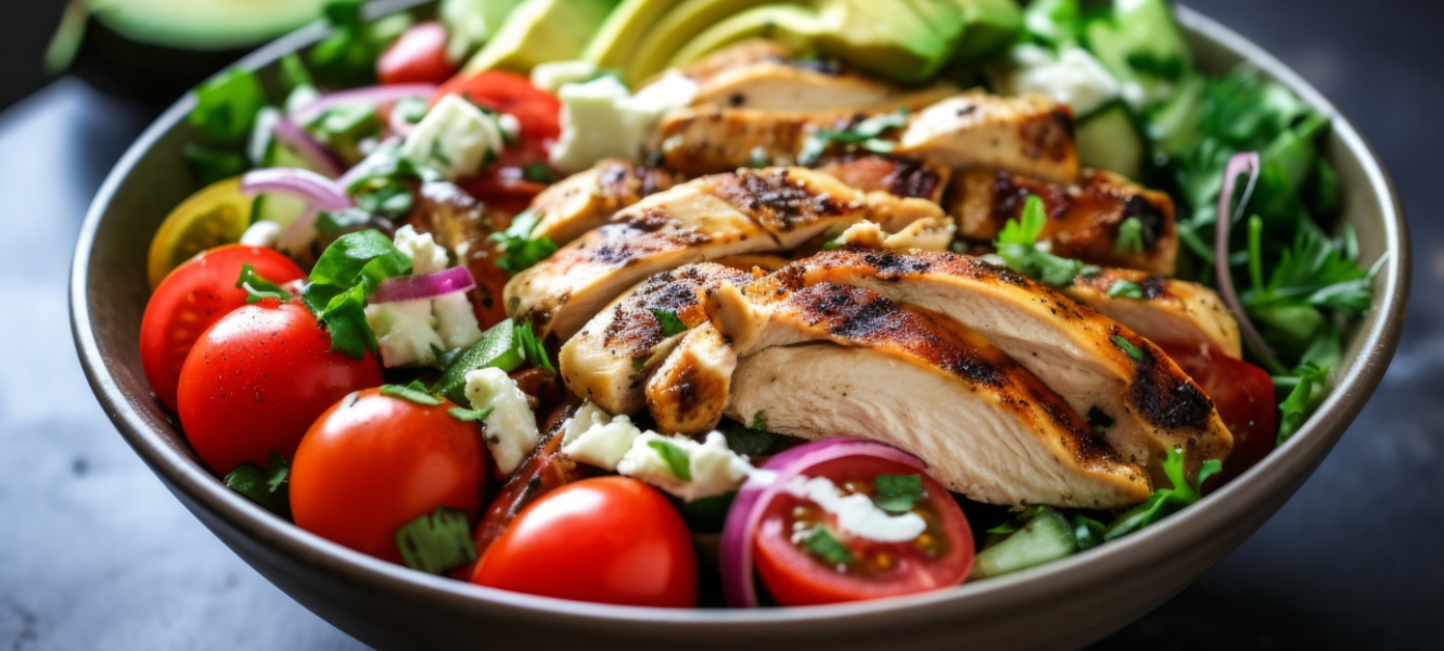A fresh salad topped with slices of grilled chicken in a grey bowl. Balance and Babysteps Nutrition is owned and operated by Registered Holistic Nutritionist, Shanon Menard.
