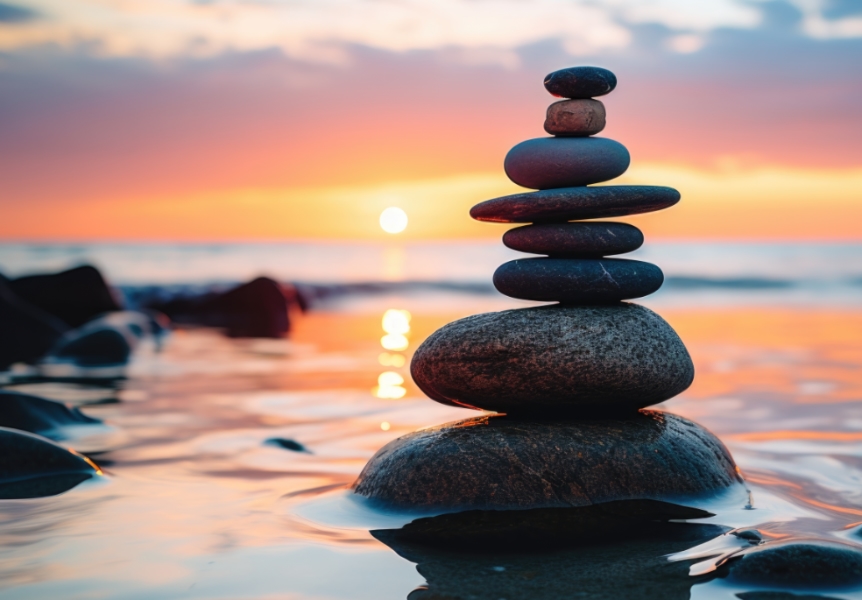 Stones balancing on top of one another in water with the sunset in the distance. Balance and Babysteps Nutrition is owned and operated by Registered Holistic Nutritionist, Shanon Menard.